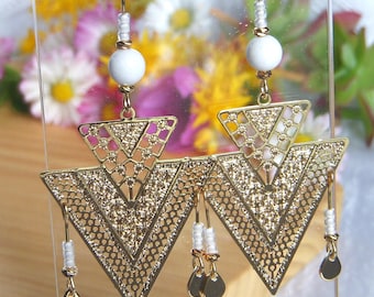 Long white jade earrings, original brass pendant. Original women's gift made from natural stone.