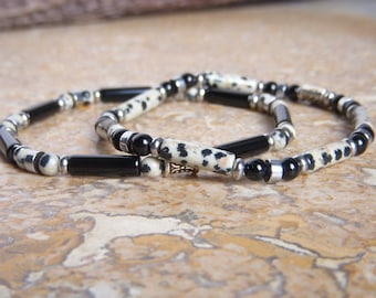 Men's pearl bracelet I Set of two fine natural stone bracelets I Original men's gift I Heishi bracelet in Dalmatian Jasper and Onyx.