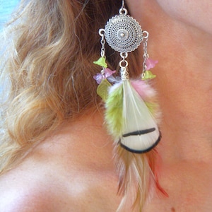 Long multi-colored feather earrings. Original earring in natural feathers. Boho chic earring.