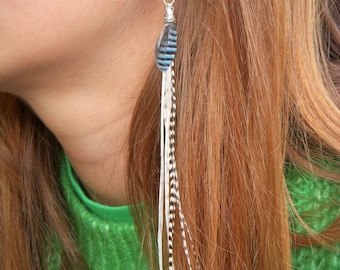 Single long earring in grizzly rooster feather and other birds, blue white tone. Original women's gift, Christmas birthday gift.