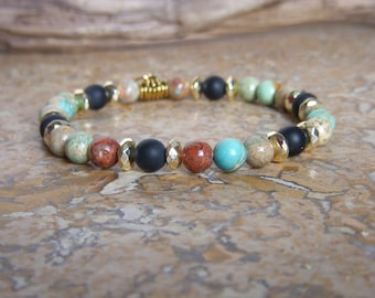 ONYX and IMPERIAL JASPER. Multi natural stone women's bracelet. cyan blue tone. Women's gift. Trendy bracelet