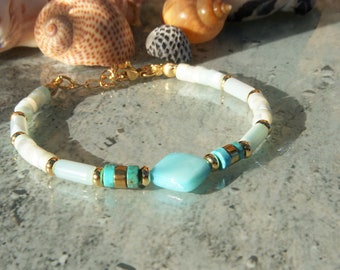 Women's bracelet in JASPER and MOTHER-OF-PEARL, heishi pearls and 18 k gold-plated setting. Gift for women. Fine stone bracelet.