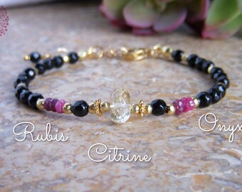 Women's thin bracelet in natural Citrine, Ruby and Onyx stones and 18 kt gold beads. Valentine's Day woman gift, birth, friendship.
