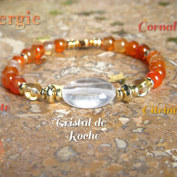 Bracelet ENERGIE en Agate, Cornaline, Citrine et Cristal de roche . Bracelet femme en pierre naturelle. Cadeau femme noël, anniversaire.