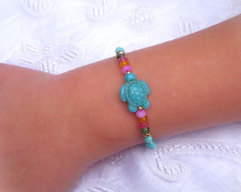 Children's Turtle Bracelet in Turquoise-tinted Howlite and Jade Beads, Unisex Children's Birthday Gift. 2 Colors to Choose From.
