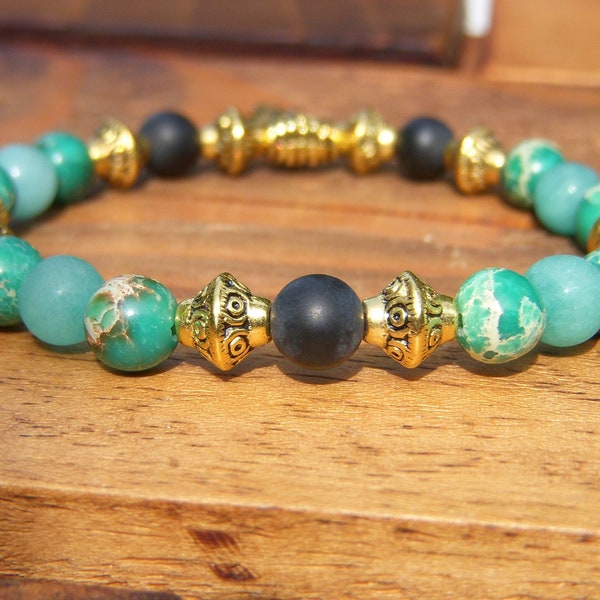 Bracelet femme multi pierres naturelles d' Onyx, Jade et Jaspe impérial. Bracelet Vert .Cadeau femme . Bracelet tendance. Style tibétain.