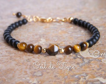 Tiger Eye and Onyx bracelet, thin, in natural stones and 18k gold-plated beads. Mother's Day women's gift, friendship.