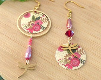 Asymmetrical "Ondine" earrings. Earrings with dragonfly. Original gift for women.