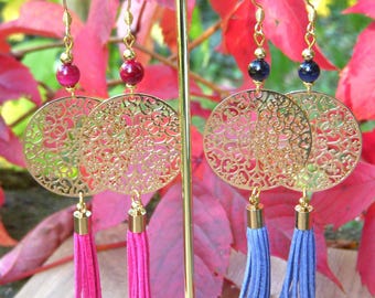 Fuchsia pink or royal blue tiger's eye earrings with matching suede tassel and gold filigree connector. Christmas gift for women.