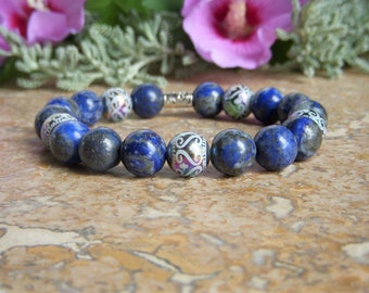 10mm natural stone bracelet, 4 choices: Lapis lazuli, Rose quartz, Amethyst, Howlite. and electroplated glass beads.