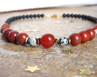 Women's necklace in natural stone of Black Agate, Dalmatian Jasper, Red Jasper and Carnelian. Original Christmas, birthday gift for women.