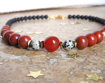 Women's necklace in natural stone of Black Agate, Dalmatian Jasper, Red Jasper and Carnelian. Original Christmas, birthday gift for women.