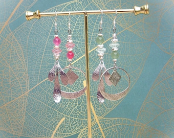Asymmetrical Agate or Aventurine Earrings, Original Women's Gift. Long Silver Drop Earrings. Christmas Gift