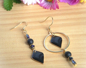 Black asymmetrical, mismatched "Layla" earrings. Original women's gift. Long dangling agate earrings.