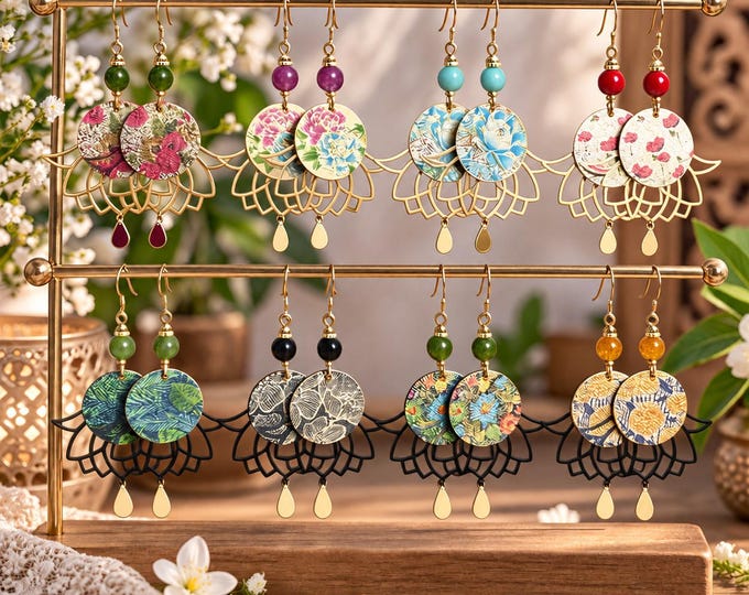 Featured listing image: "Padma" earrings, lotus connector and floral tassels, natural stone. Original gift for women. 8 designs to choose from.
