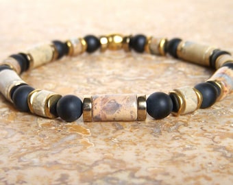 Beige and black natural stone bracelet for men. Jasper and onyx surfer bracelet. Father's Day gift, original men's gift.
