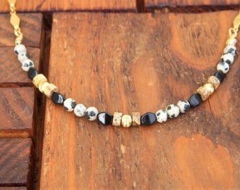 Women's fine choker necklace of heishi beads and round Dalmatian jasper and landscape, stainless steel chain, 18 kt gold beads. Christmas gift.