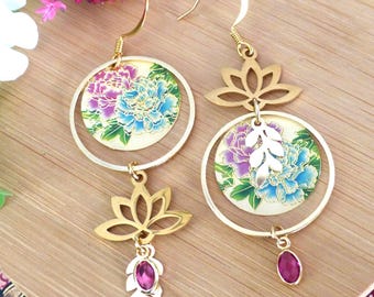 "Lola" asymmetrical earrings. Pink earrings with a lotus motif. A unique gift for women.