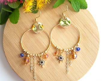 Blue and champagne hoop earrings I Original earrings for women I Boho chic earrings I Gift for her