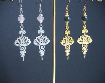 Original Unalome earrings in gold-plated Indian Agate or silver-plated Rose Quartz. Matching stainless steel pendant.