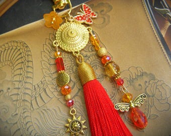 Bag jewelry. Glass bead and citrine key ring. Handmade bag jewelry with pompom. Original teacher gift, ATSEM