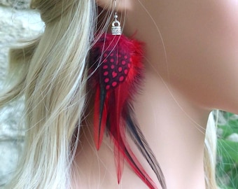 Single earring made of long red feathers. Unique earring made of natural feathers. Boho chic earring. Real feather.