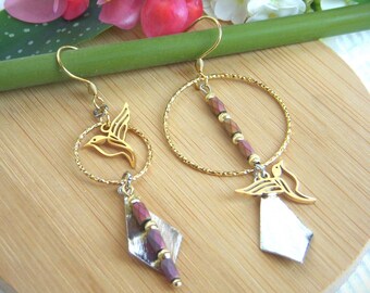 Asymmetrical "Dove" earrings. Gold and stainless steel. Original women's gift.