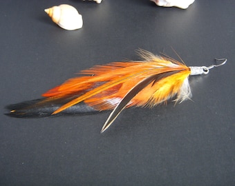 Single long feather earring. Original earring in natural feathers. Boho chic earring. Real feather.