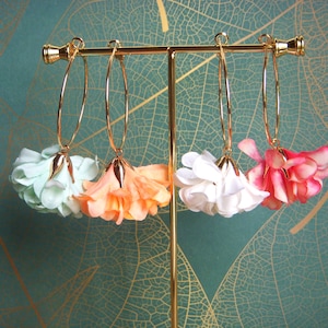 Flower earrings. Gold-plated hoops. Fabric flower. Original women's gift. Bridesmaid earrings, Wedding