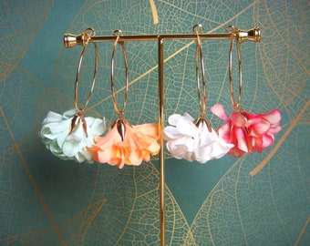 Flower earrings. Gold-plated hoops. Fabric flower. Original women's gift. Bridesmaid earrings, Wedding