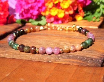 Fine bracelet in multi-colored TOURMALINE I Natural stone bracelet I Fine women's bracelet 4 mm I 18k gold-plated beads and chain.