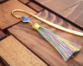 Natural stone bookmarks I Lapis Lazuli bookmark I Bookmark with pompoms I Bookmark handmade. Mixed gift.