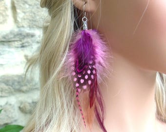 Unique long earring in pink and purple feathers. Festival earring. Original gift for women.