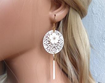 Long "White" earrings with a white filigree stamp and a white enameled flower. Original gift for women.