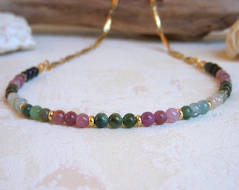 Women's necklace in natural multicolor Tourmaline stone, thin and short necklace, gold stainless steel chain, original women's gift