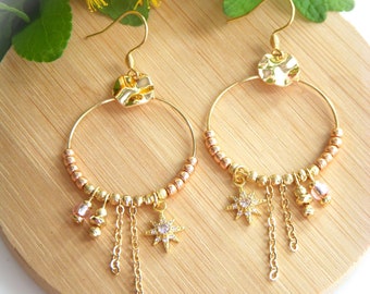 Boho earrings, powder pink creoles I Original earrings for women I Chic bohemian earring I Gift for her
