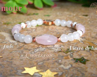 Bracelet AMOUR en Quartz rose, Pierre de lune et Jade. Bracelet femme en pierre naturelle. Cadeau femme noël, anniversaire.