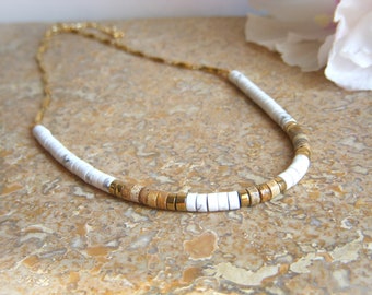 Women's necklace in natural heishi stone bead of landscape jasper and howlite, thin and short necklace, gold stainless steel chain.