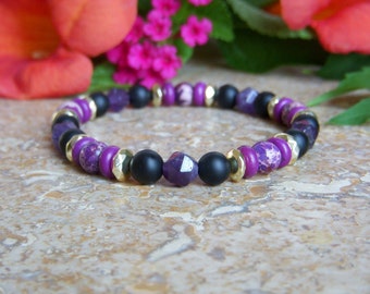 Bracelet in natural stone, Trendy bracelet in heishi bead of Imperial Jasper and round beads of black Agates and Hematite.