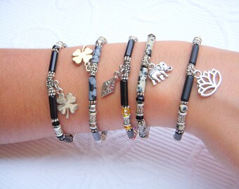 Black tube bracelet in natural stone of Dalmatian Jasper, Onyx, Agate and Obsidian. 5 choices. Thin 4mm bracelet. Minimalist bracelet.