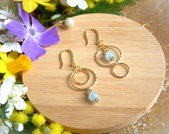 Asymmetrical earrings in Aquamarine, Original women's gift. Natural stone dangling earrings