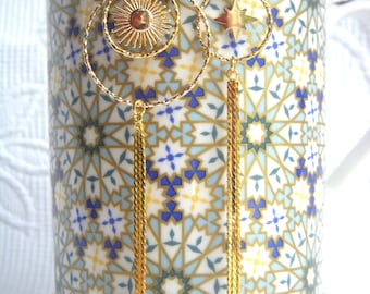 "Celestial" earrings, sun and star pendant and long gold chains. Original gold earrings.