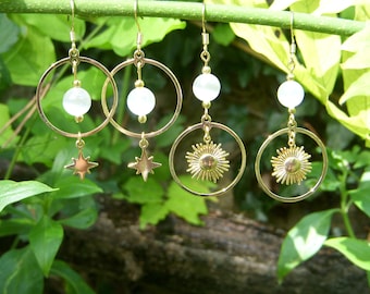 SELENITE and gold dangling earrings, asymmetrical sun or star I Original white earring I Christmas gift for women
