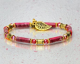 Trendy women's bracelet in imperial jasper, thin bracelet in natural stone, glass and Tibetan beads. Wife gift. 8 colors.