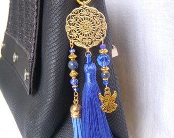 Blue and gold bag charm with tassel. Lapis lazuli, glass, and ceramic beaded keychain. Car charm. Original teacher gift.