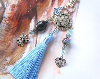 Bag jewelry I key ring with labradorite pearl, glass and charms I Handmade bag jewelry with pompom I Original mistress gift