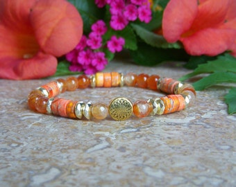 Orange stone bracelet, Trendy bracelet in heishi pearl of Imperial Jasper and round beads of cracked Agates and golden Hematite.