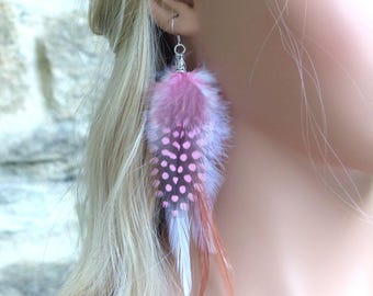 Unique long earring in pink and white feather. Original gift for women.
