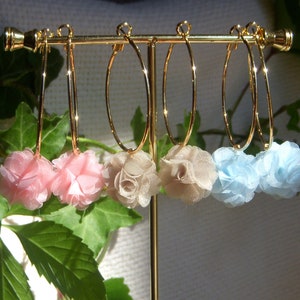 Flower earrings. Gold plated hoop earrings. Small flower in tulle fabric. Original women's gift. Bridesmaid earring.