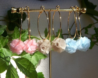 Flower earrings. Gold plated hoop earrings. Small flower in tulle fabric. Original women's gift. Bridesmaid earring.
